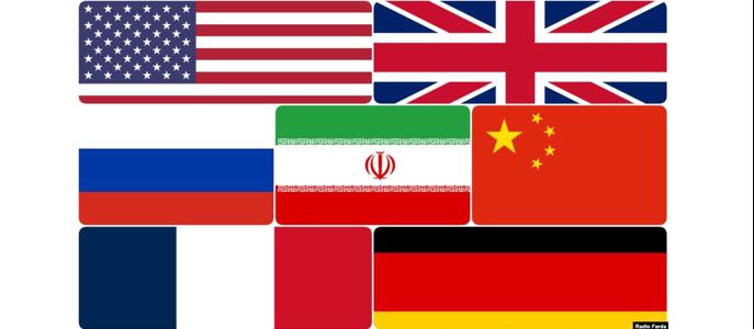 پرچم کشورهایی که در دستیابی به برجام نقش داشتند؛ پنج عضو دائم شورای امنیت و آلمان با ایران به توافق رسیدند. پس از انتخابات آمریکا، واشینگتن از توافق خارج شد.