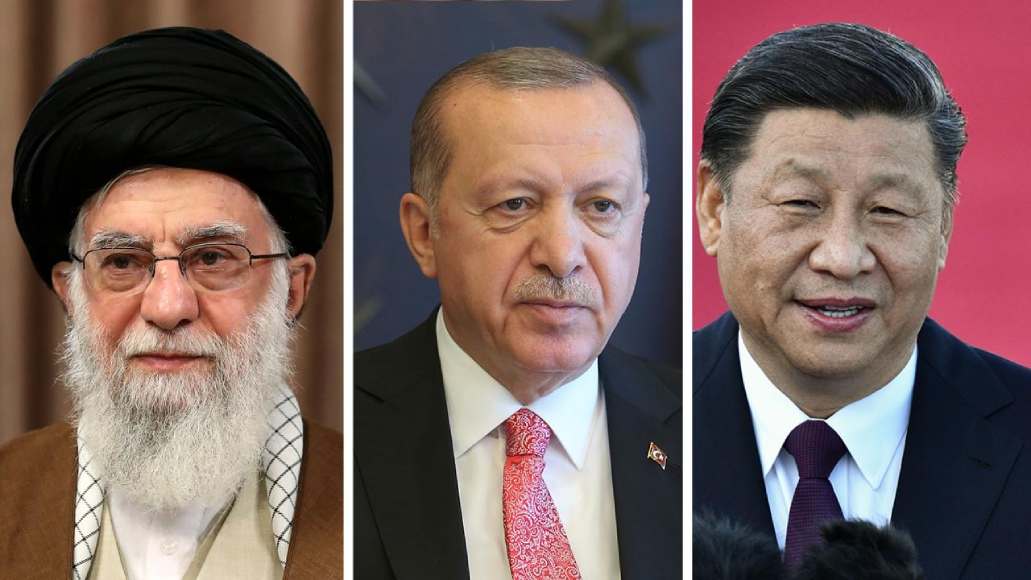 شی جین و رجب طیب اردوغان رؤسای جمهوری چین و ترکیه و علی خامنه‌ای رهبر جمهوری اسلامی ایران